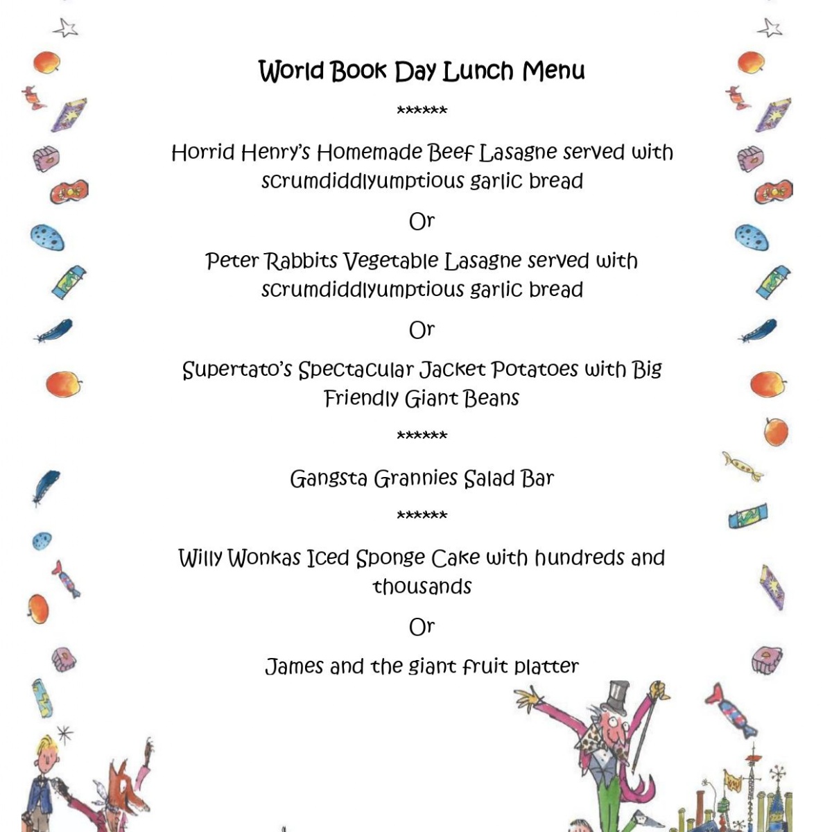Thornhill Primary School World Book Day Lunch Menu